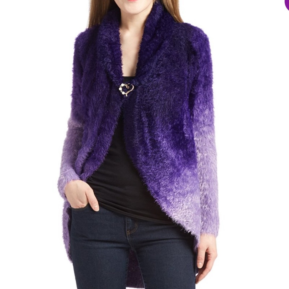 Purple Ombre Cardigan-Soft faux fur shawl collar w/removable pin closure- S- NWT